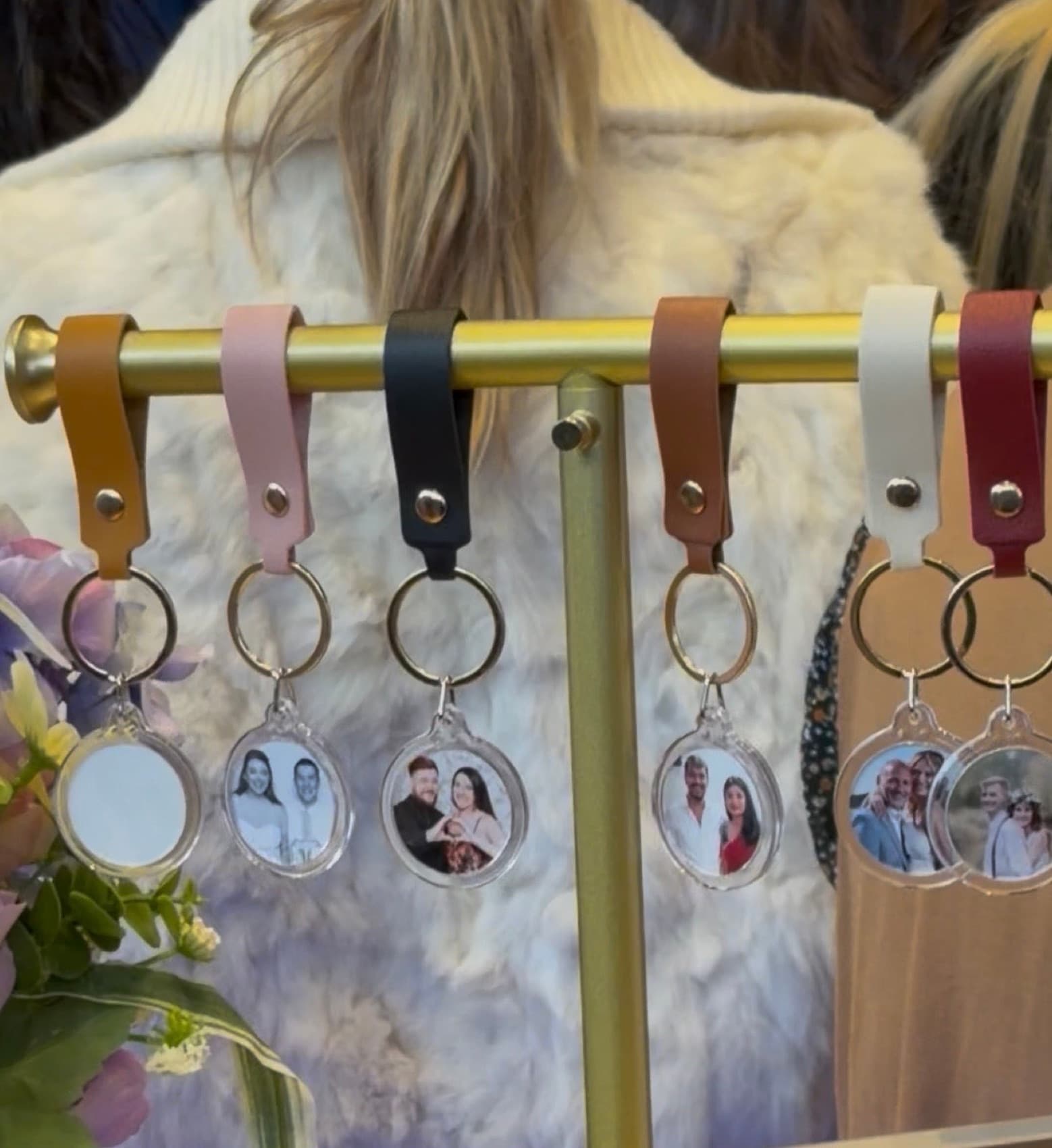 Custom photo keychains at a wedding