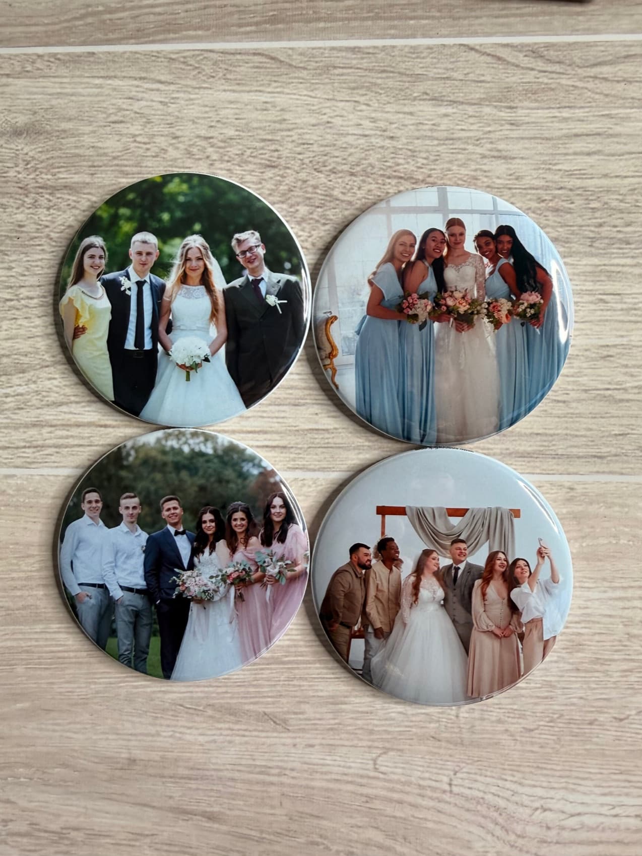Round photo magnets from a wedding