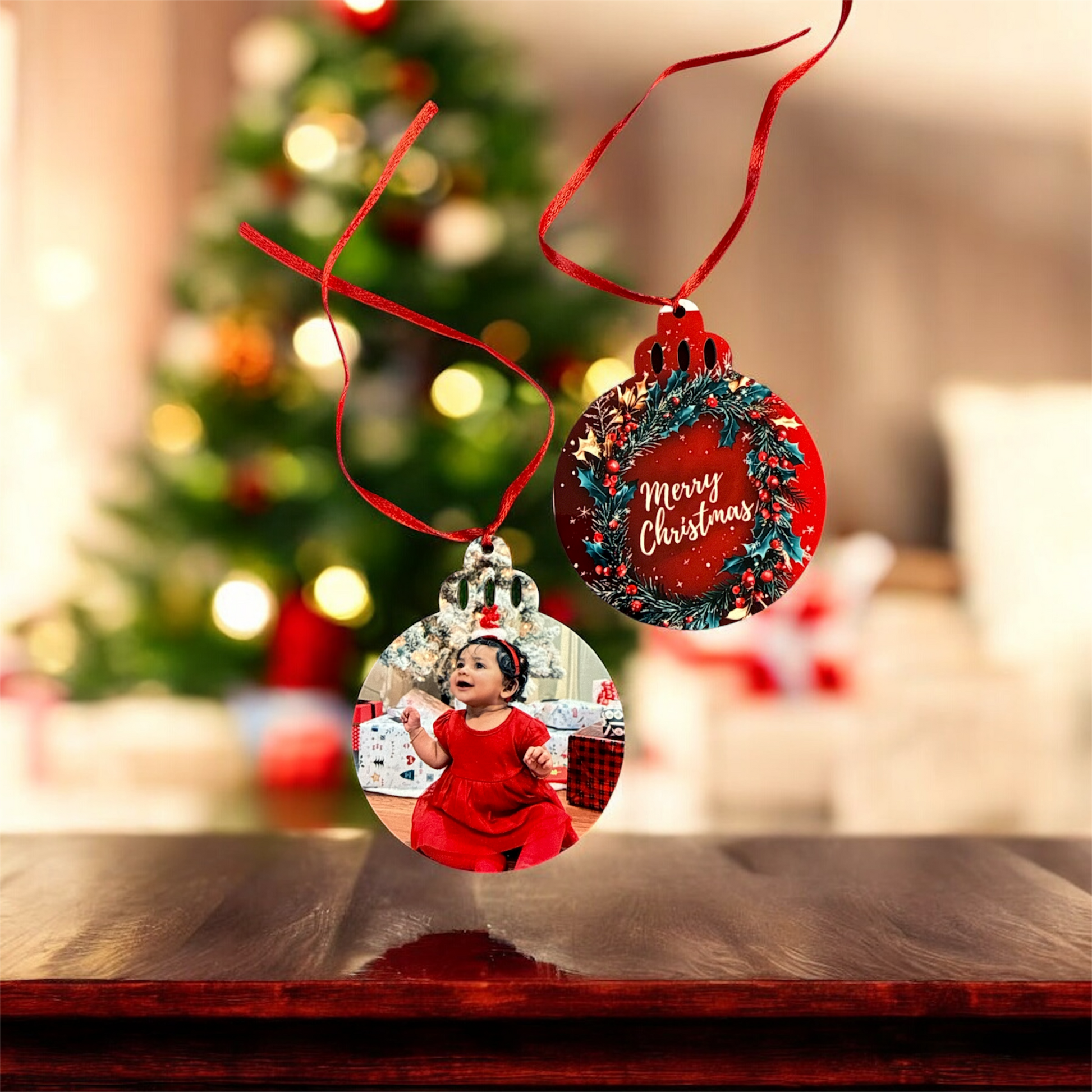 Two Christmas ornaments on a wooden surface with a blurred festive background
