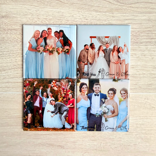 Four photo Magnets showing wedding scenes with custom text by SnapNSTick Instant memory Bar